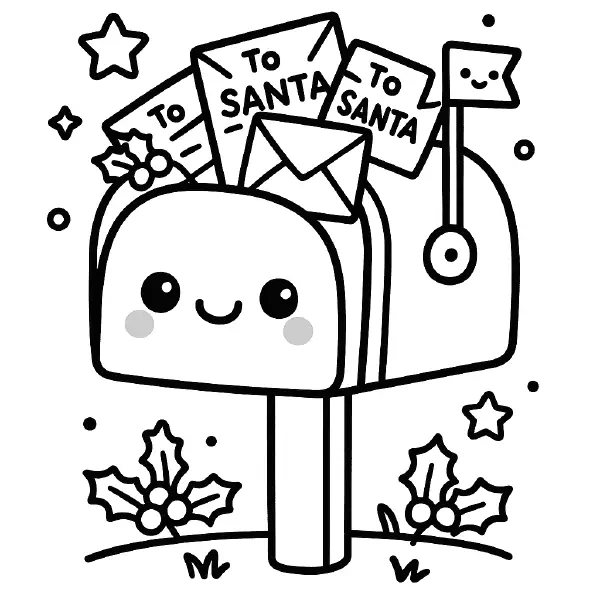 🎄 Christmas Mailbox Coloring Page — A kawaii mailbox with big sparkling eyes and a friendly smile is stuffed with “To Santa” letters, a happy little flag, and holly leaves, all drawn with bold black outlines and simple shapes. Perfect for holiday crafts and classroom fun, this easy‑to‑print page is great for little hands to color. ✉️