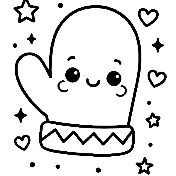 🎄 Christmas Mitten Coloring Page — A cozy kawaii mitten waves hello with big, sparkly eyes and a sweet smile, surrounded by cute stars and hearts. Drawn with bold black outlines and simple shapes, featuring a zigzag cuff for extra charm—easy to print and perfect for holiday crafts or classroom winter fun. ❄️