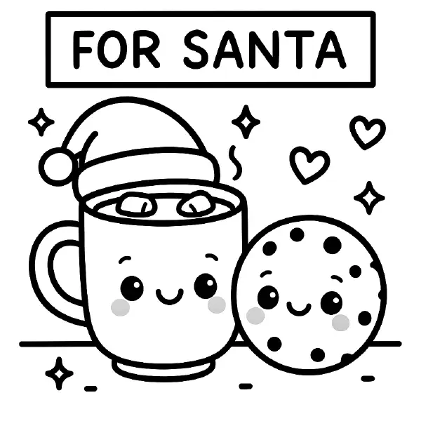🍪 Hot Cocoa & Cookie Friends Coloring Page — A smiling mug of hot cocoa wearing a cozy Santa hat cuddles up with a cheerful chocolate‑chip cookie under a “FOR SANTA” sign, with hearts and sparkles all around. Their big kawaii eyes and friendly expressions are drawn with bold black outlines and simple shapes, making this page easy to print and color for holiday crafts, Christmas Eve fun, or classroom activities. ☕