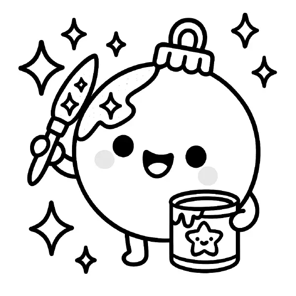 ✨ Glitter Ornament Coloring Page — A giggly, kawaii holiday ornament with big happy eyes is painting itself with sparkly glitter, holding a tiny brush and a cute paint can with a smiling star. Drawn with bold black outlines and simple shapes, this page is easy to print and color, with twinkly stars and a sweet hanging loop to decorate. Perfect for winter crafts, classroom fun, or festive family time! 🎄