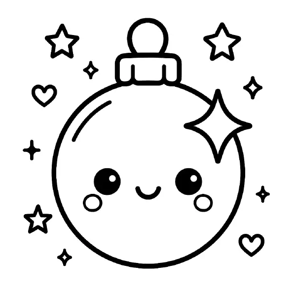 🎄 Ornament Ball Coloring Page — A kawaii bauble with big sparkling eyes, rosy cheeks, and a happy smile, surrounded by cute stars and hearts! Drawn with bold black outlines and simple shapes, plus a shiny highlight and a little top cap ready to hang on the tree. Perfect for holiday crafts and classroom fun, and easy to print and colour. ✨