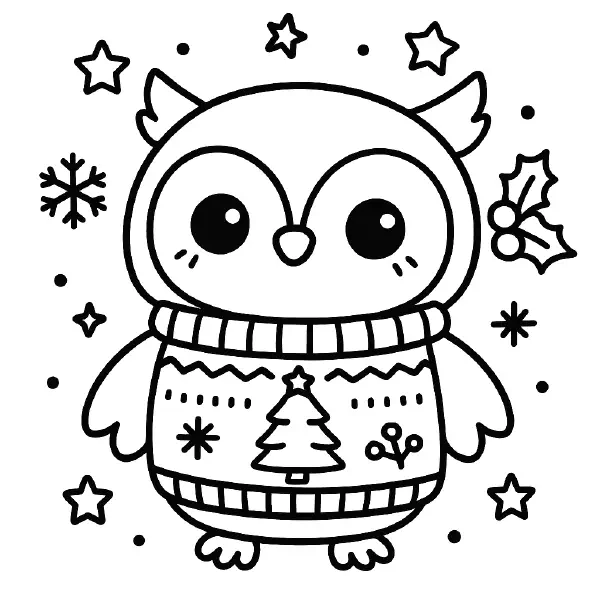 🦉 Kawaii Owl Coloring Page — A sweet owl with big, sparkly eyes smiles in a cozy Christmas sweater decorated with a little tree, surrounded by stars, snowflakes, and holly. Drawn with bold black outlines and simple shapes, this page is easy to print and color—perfect for holiday crafts and classroom fun! 🎄