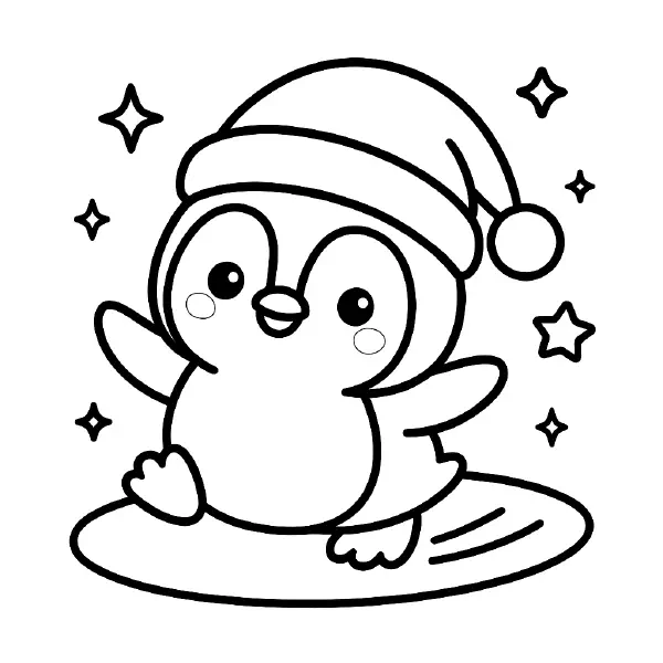 🐧 Penguin in Santa Hat Coloring Page — A chubby little penguin with big, sparkly eyes and rosy cheeks slides across the ice, smiling in a cozy Santa hat with a fluffy pom‑pom. Drawn with bold black outlines and simple shapes, this cheerful page is easy to print and color—perfect for winter crafts, holiday cards, or classroom fun! ❄️