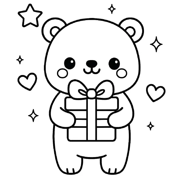 🐻❄️ Polar Bear Coloring Page — A sweet kawaii polar bear with big shining eyes and a happy smile holds a ribbon-wrapped present, surrounded by hearts and sparkles. Bold black outlines and simple shapes make it easy to print and color, with adorable round ears and a bow-topped gift—perfect for winter fun, holiday crafts, or classroom activities. 🎁