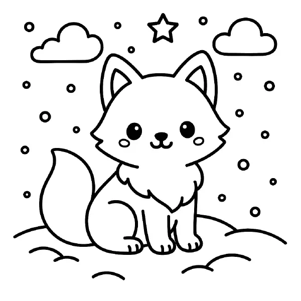 Polar Fox Coloring Page — A happy polar fox with big sparkling eyes and rosy cheeks sits on snowy mounds under a little star and puffy clouds, drawn with bold black outlines and simple shapes for extra kawaii charm. Its fluffy tail and cozy fur make it super cute, and this page is easy to print and color—perfect for winter crafts and classroom activities! ❄️🦊