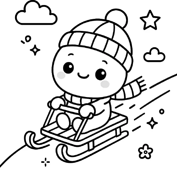 ❄️ Jolly Sled Racer Coloring Page — A kawaii child with big sparkly eyes and a happy smile zooms down a snowy hill on a wooden sled, bundled in a pom‑pom beanie and striped scarf. Drawn with bold black outlines and simple shapes, it’s easy to print and color—perfect for winter crafts, snow‑day fun, or classroom activities! 🛷