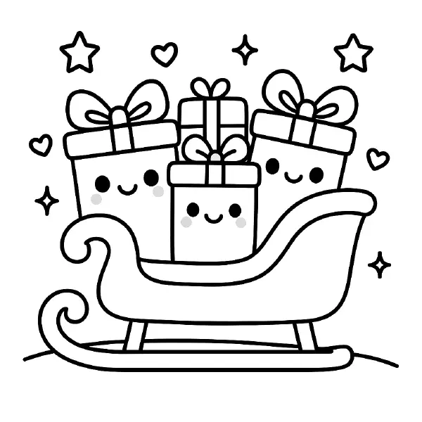 🎁 Sleigh of Smiling Presents Coloring Page — A merry sleigh packed with kawaii gift boxes, each with big happy eyes, rosy cheeks, and cute bows, all drawn with bold black outlines and simple shapes for easy coloring. Notice the swirly sleigh runners, stacked presents, and twinkly stars and hearts—perfect for holiday crafts, classroom fun, or cozy winter coloring time. Easy to print and color! ❄️