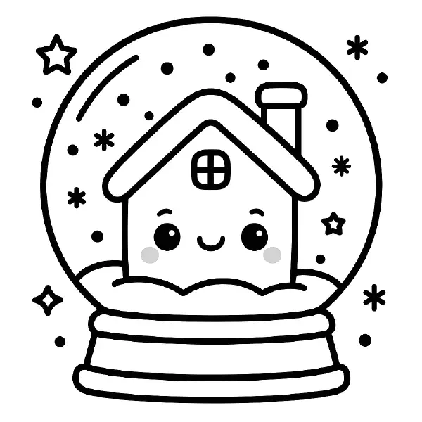 ❄️ Snow Globe Coloring Page — A jolly kawaii snow globe with a tiny smiling house, big bright eyes, rosy cheeks, and sparkly snowflakes and stars inside the glass. Drawn with bold black outlines and simple shapes, with a cozy chimney and round base; perfect for winter crafts and classroom fun, and easy to print and color. ⛄