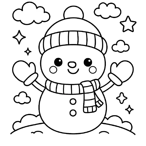 ❄️ Snowman Coloring Page — A jolly kawaii snowman with big sparkling eyes and a happy smile waves in cozy mittens, wearing a snug beanie and a stripey scarf, with cute clouds and twinkly stars around. Drawn with bold black outlines and simple shapes, this page is easy to print and color—perfect for winter crafts, holiday classrooms, and snow‑day fun! ☃️