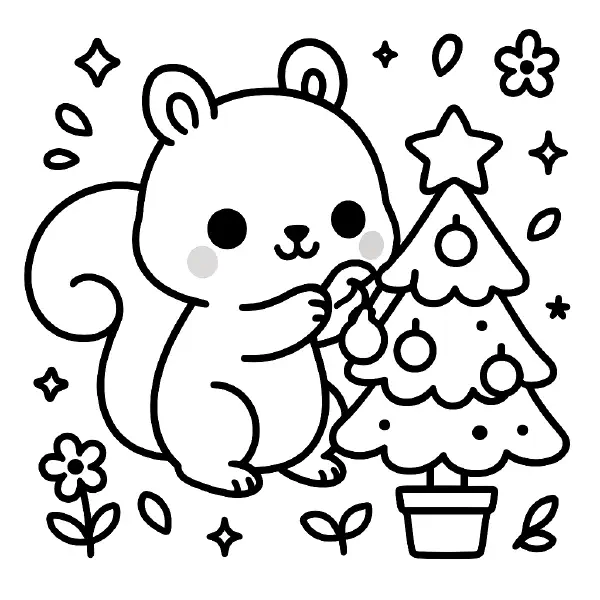 🎄 Squirrel Coloring Page — A cozy, kawaii squirrel with big, shiny eyes and a friendly smile hangs ornaments on a tiny potted tree with a star topper, surrounded by sparkles and little flowers. Drawn with bold black outlines and simple shapes, its fluffy tail and rosy cheeks make it extra cute, and the page is easy to print and colour for holiday crafts or classroom fun. ✨