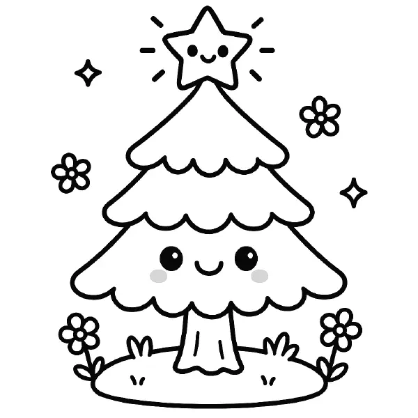 ⭐ Star-Topped Tree Coloring Page — A cheerful, kawaii pine tree with big, sparkly eyes and rosy cheeks smiles while a tiny happy star twinkles on its tip, with cute flowers and little shine marks around it. Drawn with bold black outlines and simple shapes, it’s easy to print and color—perfect for festive seasonal crafts or classroom fun! 🌟