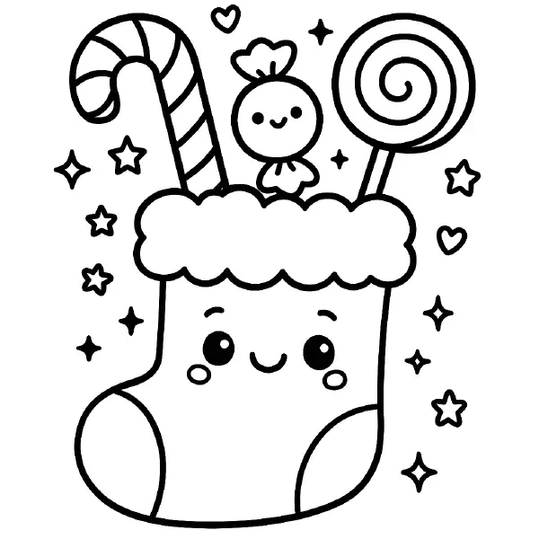 🎄 Christmas Stocking Coloring Page — A kawaii, smiling stocking with big, twinkly eyes and a fluffy cuff is stuffed with a striped candy cane, a swirly lollipop, and a wrapped sweet, all surrounded by cute hearts and stars. Drawn with bold black outlines and simple shapes, it’s easy to print and color—perfect for holiday crafts, classroom fun, or cozy winter coloring time! 🍭
