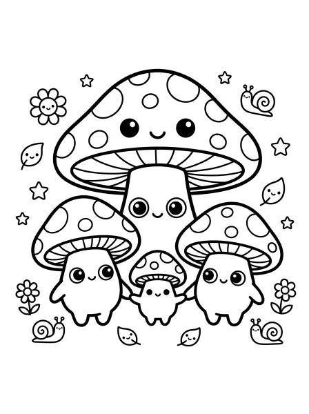 🍄 Mushroom Family Coloring Page – Awww, look at this adorable mushroom family holding hands under a giant toadstool! Each mushroom is designed with big, kawaii eyes and a friendly smile, drawn in bold black outlines and simple shapes, making it super easy to colour. Perfect for little artists who love forest friends and fun fungi!🌼