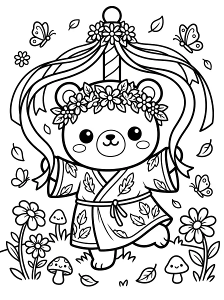 🌸 Druid Bear Coloring Page — This adorable bear is ready for a May Day celebration, wearing a beautiful flower crown and a leafy kimono! Drawn with simple shapes and bold outlines, this kawaii page is super easy to print and color, making it a sweet spring activity. Let’s fill this page with floral hues and bring some colourful charm to our day! 🐻