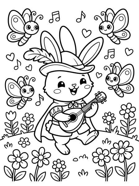 🌸 Bard Bunny Coloring Page—This adorable bunny bard is serenading some sweet butterflies with his tiny lute! Featuring bold outlines and simple shapes, he is dressed in a fancy hat with a feather and a cute little cape, and he's surrounded by flowers, butterflies, hearts and music notes. Easy to print and colour, he's ready for a musical adventure! 🎶🐰