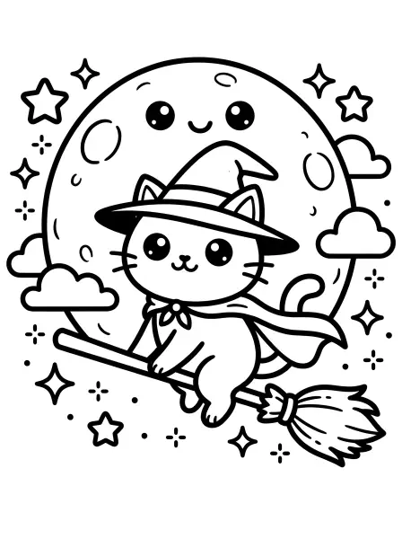 🐱 Wizard Cat Coloring Page—Get ready for some magical coloring fun with this adorable wizard cat riding a broomstick against a smiling harvest moon! ✨This kawaii illustration features bold black outlines and simple shapes, making it super easy to print and color. Don't forget his cute little cape and wizard hat—perfect for spooky season crafts or a fun classroom activity. 🎃