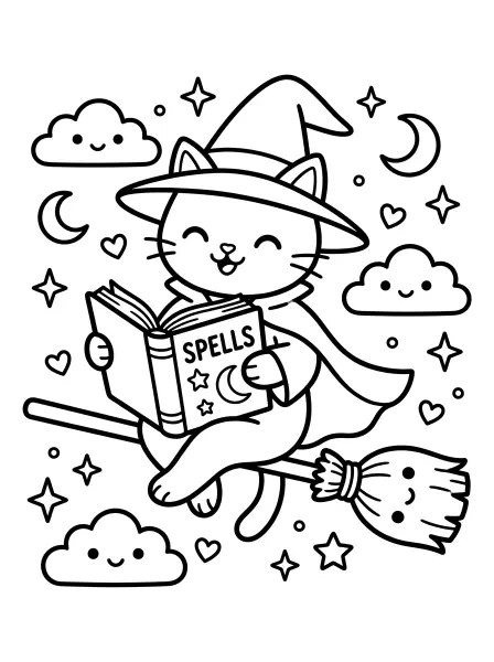 🐱 Witch Cat Coloring Page - This adorable kawaii kitty is ready for some magical coloring fun! Drawn with simple shapes and bold black outlines, this witch cat sports a big, friendly smile as she zooms around on her flying broomstick, reading a spellbook. She's wearing a witch hat and cape, and flying amongst smiling clouds and stars. Easy to print and color, it's perfect for Halloween crafts or just a whimsical afternoon activity! 🌟