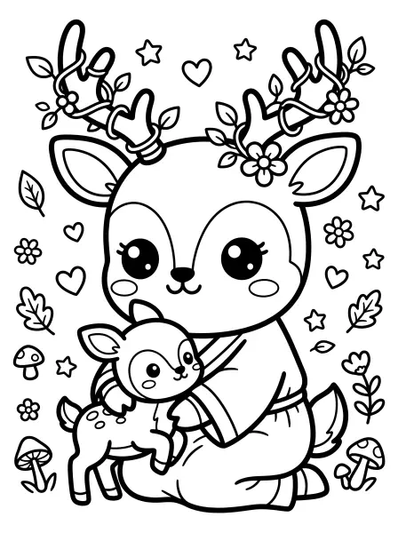 🌸 Deer Coloring Page - This adorable page features a sweet mommy deer with vines and flowers on her antlers, giving the warmest cuddle to her baby fawn! 🌿The illustration is super cute with big, sparkly eyes, simple shapes, and bold outlines, making it perfect for little artists to easily print and color. Get ready for some forest fun! 🍄