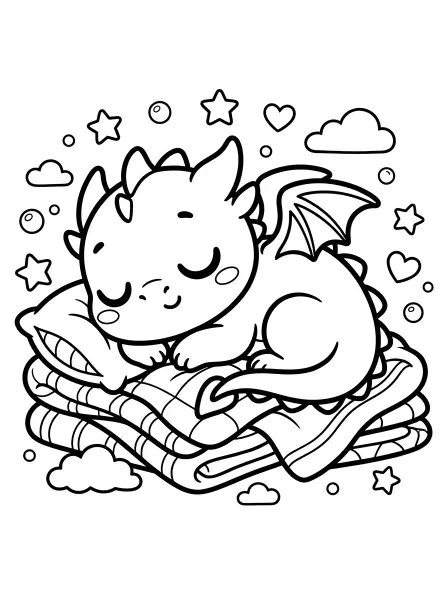 ✨ Baby Dragon Coloring Page—This super cute little dragon is all tuckered out and taking a nap on a pile of fluffy blankets! With its simple shapes, closed smiling eyes, and bold black outlines, this page is perfect for little artists to print and colour. Get creative and make those dragon scales shine!🐉