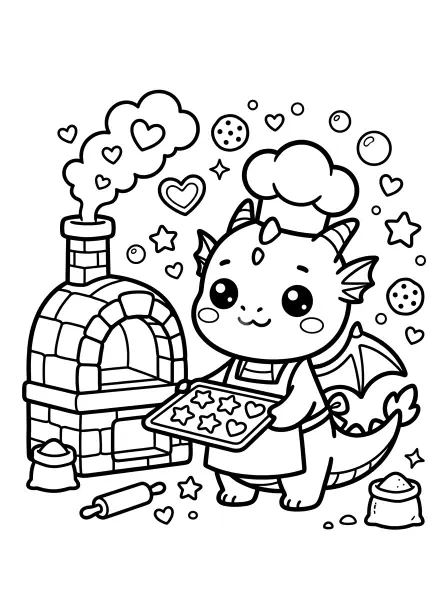 🎂 Dragon Coloring Page—Get ready for some baking fun with this cute kawaii dragon! This adorable illustration shows a friendly dragon wearing a chef's hat and apron, holding a tray of freshly baked cookies near a stone oven, all drawn with bold black outlines and simple shapes that are perfect for little hands to color. It's easy to print and a great way to enjoy a cozy, creative activity. 🍪