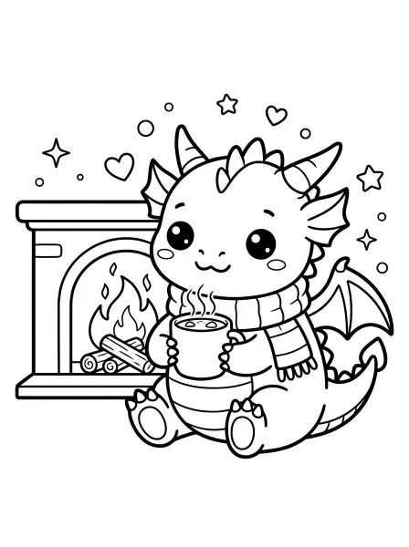 🔥Dragon Coloring Page—This kawaii dragon is all bundled up in a cozy scarf, sipping hot cocoa by the fireplace! Drawn with bold black outlines and simple shapes, he's got big, friendly eyes and a sweet little smile, making him super easy to print and colour. Perfect for cozy days and winter fun!✨