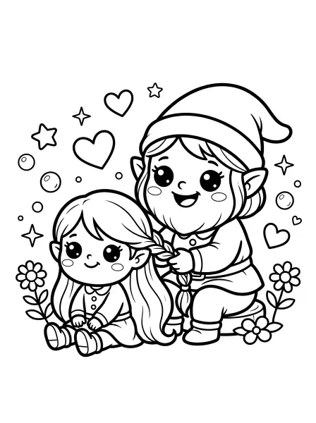 🌸 Dwarf Family Coloring Page — Get ready to color this adorable illustration of a mama dwarf lovingly braiding her child’s hair! With big, bright eyes, sweet smiles, and bold black outlines, this page is perfect for little hands to fill with color. Easy to print and delightful to decorate for a fun activity! 💖