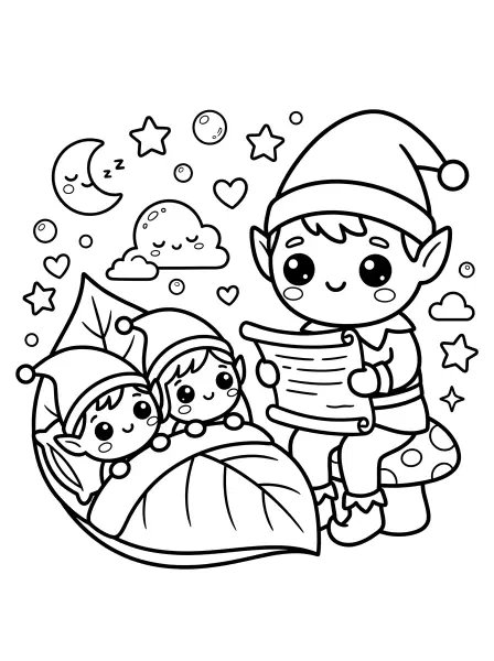 😴 Elf Storytime Coloring Page—Join this kawaii papa elf as he reads a bedtime story scroll to two adorable elf kids! This page features bold black outlines and simple shapes, making it super easy to print and color, and perfect for creating fun, festive Christmas crafts! 🌟