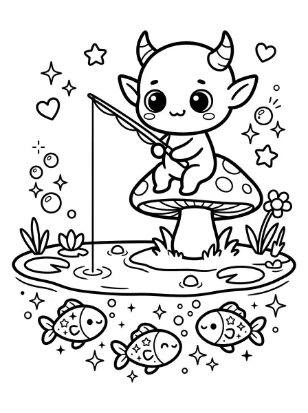 🍄 Goblin Coloring Page - This super cute goblin is having a fun day fishing for star-spangled fish! With its big eyes, tiny horns, and perched upon a mushroom, this little fellow is drawn with bold black outlines and simple shapes, making it easy to print and color for hours of magical fun. ✨