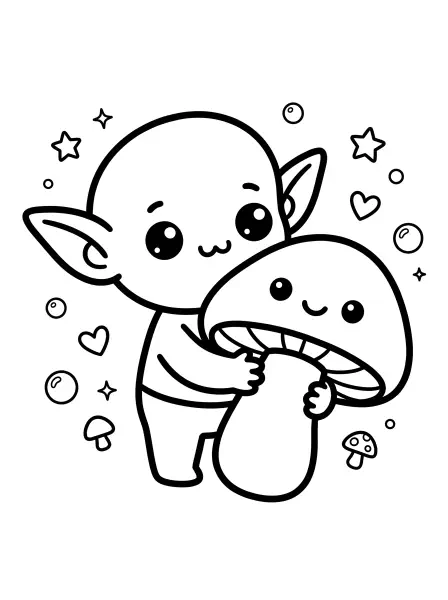 🍄Goblin Coloring Page—This super cute goblin toddler is hugging a mushroom that's almost as big as itself! Drawn with simple shapes and bold black outlines, this kawaii illustration features big, sparkly eyes and the friendliest little smile on both the goblin and the mushroom. Easy to print and colour, it's perfect for fairy tale fans!✨