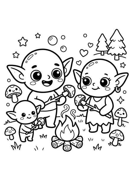 🔥Goblin Family Coloring Page—Get ready for a kawaii adventure with this friendly goblin family, drawn with bold black outlines and simple shapes, as they roast yummy mushrooms over a cozy campfire! The goblins have big, sparkling eyes and happy smiles, and the page is easy to print for hours of coloring fun—perfect for seasonal crafts or a whimsical afternoon activity🍄.