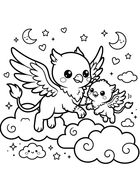 ✈️ Griffin Coloring Page—Look at this super cute griffins having a flying lesson! Drawn with simple shapes and bold black outlines, these mythical creatures have big kawaii eyes and friendly faces—perfect for creative fun. You can easily print this page for hours of coloring adventures!🌟