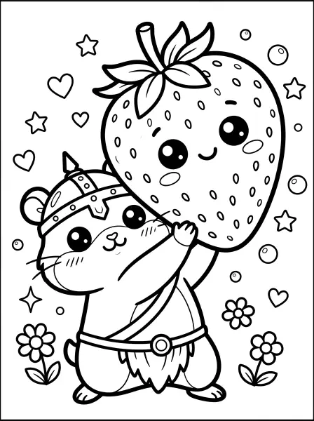 🍓 Hamster Coloring Page—Get ready for an adventure with this super cute hamster, dressed as a barbarian, trying to lift a giant strawberry! The strawberry has a big smiling face, and everything is drawn with bold, easy-to-colour outlines and simple shapes. This printable page is perfect for fun at home or as a craft activity in the classroom! 🍓