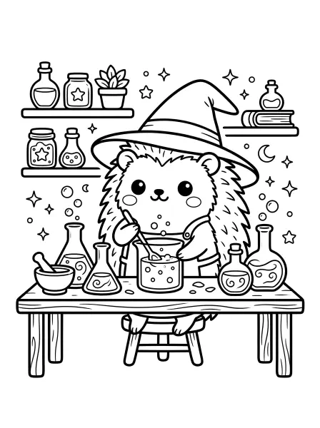 ✨ Alchemist Hedgehog Coloring Page—This adorable alchemist hedgehog is brewing up some magical fun with his bubbling potions and beakers! Drawn with bold black outlines and simple shapes, he's wearing a cute little apron and a big witchy hat while he stirs. Easy to print and colour, this page is perfect for Halloween or any time you want to create some mystical masterpieces! 🧙‍♀️
