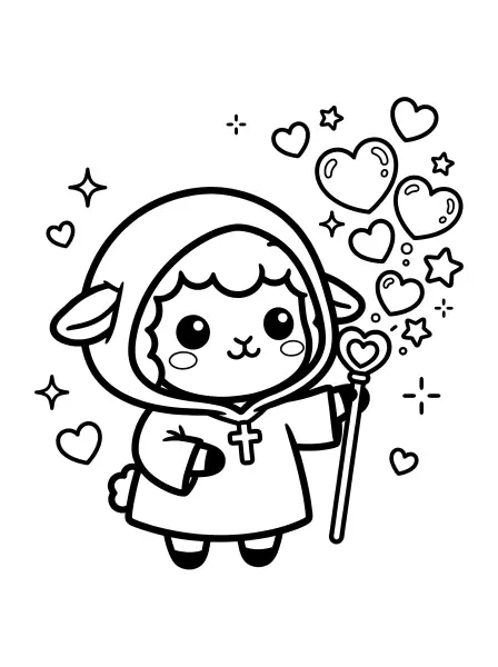 🌸Lamb Coloring Page—This sweet little lamb is a kawaii cleric, casting a magical "heal" spell that looks like the cutest heart bubbles! Drawn with bold black outlines and simple shapes, it's super easy to print and color for hours of fun. With its friendly expression, big eyes, and adorable heart-shaped wand, this little lamb is perfect for adding some extra love to your coloring adventures!💖