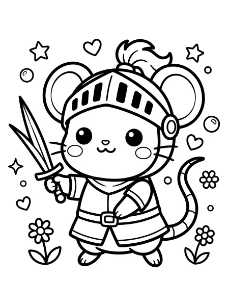 🐱 Knight Mouse Coloring Page—Look at this brave little knight mouse, all ready for an adventure! He's wearing his shiny helmet and uniform, and he's even got a sword—all drawn with bold black outlines and simple shapes that are easy to color. His big, sparkly eyes and sweet smile make him extra cute, perfect for printing and coloring at home or in the classroom! 🌸