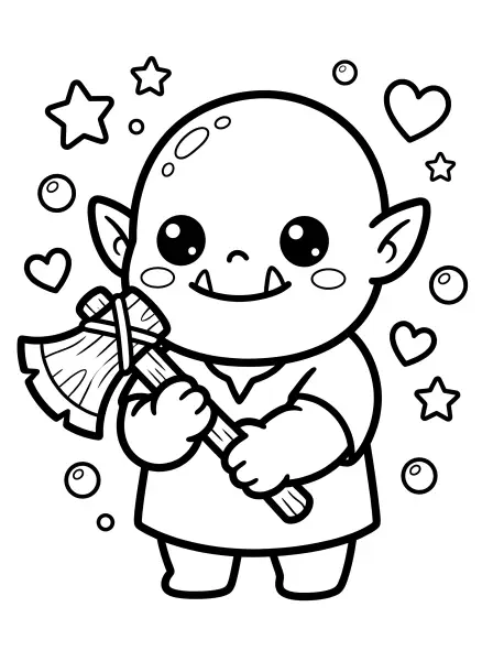🌟 Orc Toddler Coloring Page - This sweet little orc is ready for a colorful adventure! Drawn with bold, easy-to-color outlines and simple shapes, he’s got a friendly smile, big kawaii eyes, and a cute wooden toy axe to play with. Perfect for a magical coloring session—easy to print and loads of fun! 💖