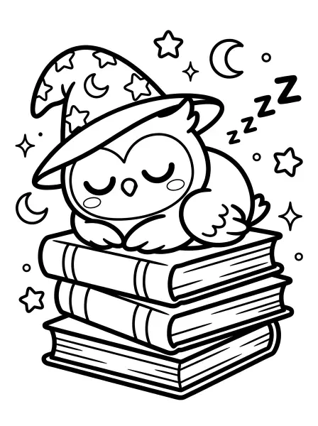 🌙 Owl Wizard Coloring Page—Look at this adorable wizard owl taking a nap on a big pile of books! This sweet owl has such a cute, sleepy face and wears a magical hat decorated with moons and stars. Drawn with bold black outlines and simple shapes, this page is super easy to print and colour. ✨