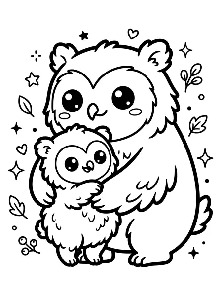 🐱Owlbear Coloring Page—Get ready for a warm and fuzzy hug with this adorable owlbear pair! 🦉 The parent owlbear is embracing its fluffy baby owlbear cub, both drawn in a super kawaii style with big, bright eyes and friendly smiles. With its bold black outlines and simple shapes, this cute page is perfect for printing and coloring!🎉