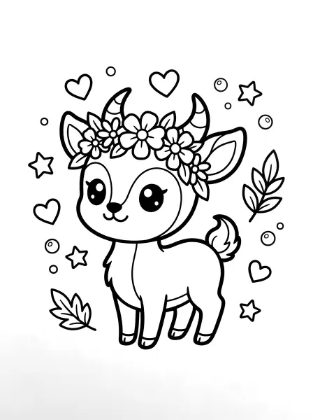 🌸 Fawn Coloring Page - This sweet little fawn is just waiting for you to bring her to life with color! She’s drawn with bold black outlines and simple shapes, has the cutest tiny horns, a friendly smile, and is wearing a beautiful flower crown 🌼! Perfect for easy printing and hours of coloring fun, she's a perfect way to add a little forest magic to your day! 💖