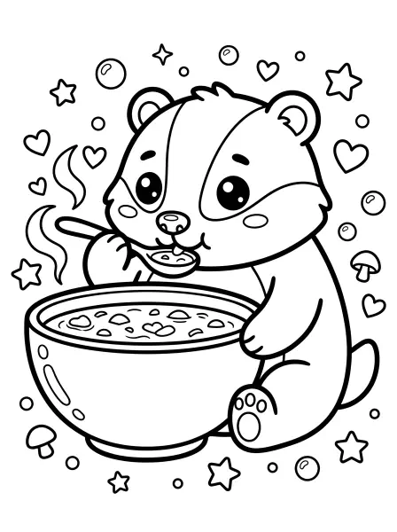🍲 Badger Coloring Page - Get ready for a cuddly coloring adventure with this super cute badger! Drawn with big, bright eyes and a friendly smile, he's enjoying a big bowl of warm soup on this easy-to-print page with bold black lines and simple shapes. Perfect for a cozy afternoon activity or a chilly day craft!🍄