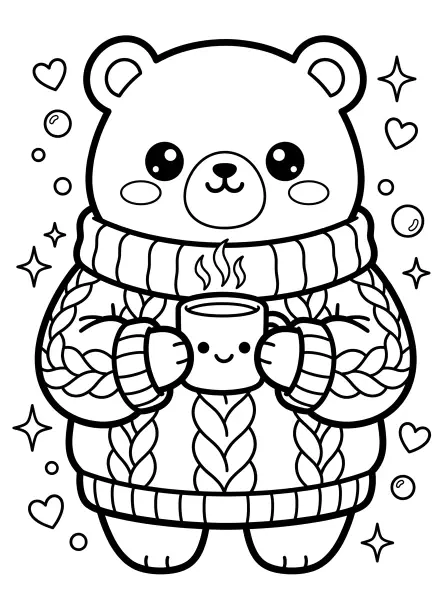 🐱 Bear Coloring Page—This cute bear is all bundled up in a cosy, oversized sweater and holding a yummy mug with a smiling face on it! With bold outlines and easy-to-colour shapes, this sweet scene is perfect for winter crafts and classroom fun—just print and let your imagination run wild! 🐻☕️