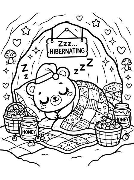 🐻 Bear Coloring Page—This sweet bear is having a long winter's nap in their cozy cave! Snug as a bug, they are sleeping under a patchwork quilt, with a nightcap on and tasty honey and berries nearby! This adorable page is made with simple shapes and bold black outlines for easy printing and happy coloring! 💤