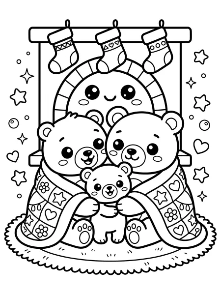 🐱🐻 Bear Family Coloring Page - Get cozy with this adorable bear family snuggling up by a cheerful fireplace! This heartwarming illustration features a kawaii mama and papa bear cuddling their cute little baby bear under a patterned quilt, all drawn with simple shapes and bold black outlines. Don't forget the happy fireplace with stockings, ready to be filled with your favorite colors. Easy to print and perfect for a cozy, cuddly coloring session! 🐻🐱