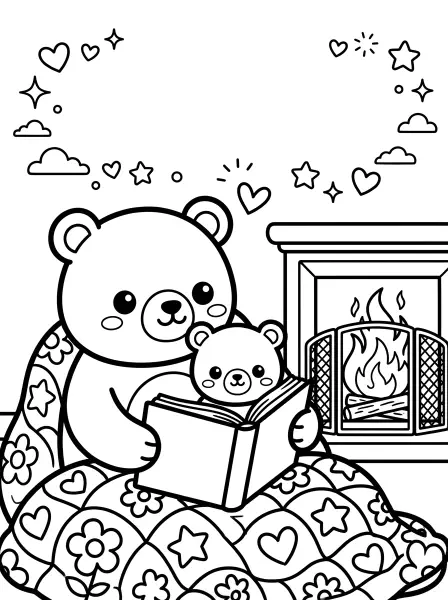 🐻 Bear Family Coloring Page - Awwww, look at this super cute bear cub and parent bear snuggling up by the fire for storytime! This adorable kawaii scene is drawn with bold black outlines and simple shapes—perfect for little hands to colour! The patterned quilts and friendly fireplace make it extra cosy, and it's easy to print for a fun wintertime activity. 💖🔥
