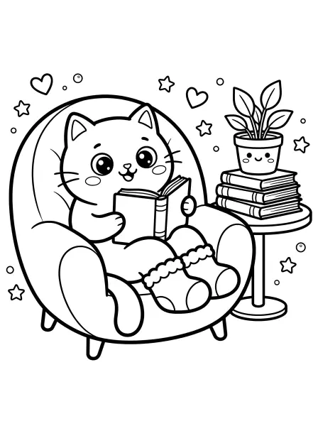 🐱 Cat Coloring Page—Meet this adorable kawaii kitty, all snuggled up in a cosy armchair with a good book! This super cute illustration is made with simple shapes and bold black lines, perfect for little artists to add their own colourful touch. Don't forget to colour the fluffy socks and the smiling potted plant on the table! Easy to print and perfect for a quiet afternoon activity. 📖✨