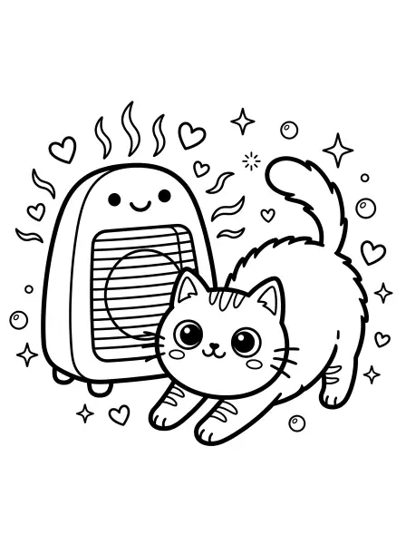 🐱 Cat Coloring Page—This super cute kawaii cat is having a cozy stretch in front of a smiling heater! The simple shapes and bold outlines make it purr-fect for little artists to fill with color. A fun activity for chilly days, and easy to print and color! 🏠