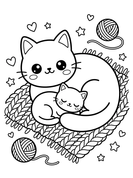 🐱 Mama and Kitten Coloring Page - Aww, look at this adorable mama cat and her little kitten, all snuggled up on a cozy wool rug! They're drawn with big, kawaii eyes and friendly faces, perfect for some colourful cuddles. With bold black outlines and simple shapes, it's super easy to print and color for hours of purr-fect fun! 🧶