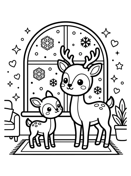 ❄️Deer Coloring Page—Meet a sweet deer parent and their adorable fawn, gazing at the lovely snowflakes falling outside! This delightful page is filled with bold, simple outlines and kawaii-style details, including big, friendly eyes and cheerful smiles, making it super easy and fun to color—perfect for a cozy winter day activity. 💖