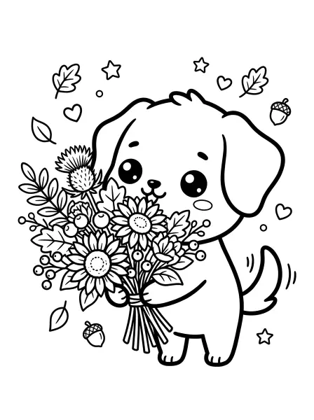 🐱 Dog Coloring Page—This adorable pup is snuggling into a beautiful bouquet of autumn flowers! With a happy smile and big, kawaii eyes, this page is full of bold black outlines and simple shapes that are easy to colour. It's paw-fect for fall crafts and activities, and prints out easily for lots of coloring fun! 🍁