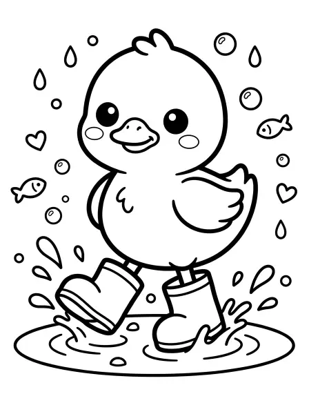 🐥 Duckling Coloring Page — This sweet little duckling is having so much fun splashing in a puddle while wearing bright rain boots! With its big, adorable eyes and a cheerful smile, this kawaii illustration has bold black outlines and simple shapes that are super easy to colour and perfect for a rainy day activity. Just print and let your creativity flow! 🌧️